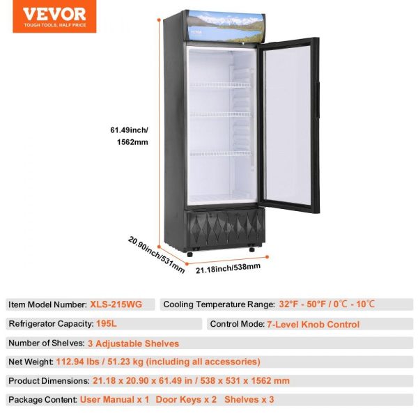 Refrigeration & Ice Equipment | Commercial Merchandiser Refrigerator, 6.8 Cu.Ft / 195L Beverage Refrigerator Cooler Merchandiser, Glass Door Display Refrigerator Upright Fridge with 3 Adjustable Shelves, Customizable Lightbox Refrigeration & Ice Equipment Refrigeration & Ice Equipment