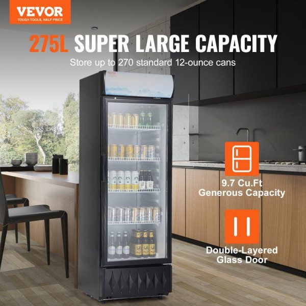 Refrigeration & Ice Equipment | Commercial Merchandiser Refrigerator, 9.7 Cu.Ft / 275L Beverage Refrigerator Cooler Merchandiser, Glass Door Display Refrigerator Upright Fridge with 4 Adjustable Shelves, Customizable Lightbox Refrigeration & Ice Equipment Refrigeration & Ice Equipment