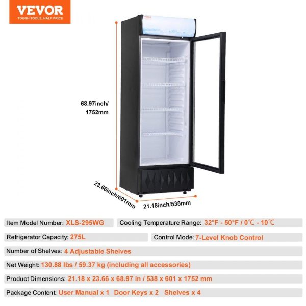 Refrigeration & Ice Equipment | Commercial Merchandiser Refrigerator, 9.7 Cu.Ft / 275L Beverage Refrigerator Cooler Merchandiser, Glass Door Display Refrigerator Upright Fridge with 4 Adjustable Shelves, Customizable Lightbox Refrigeration & Ice Equipment Refrigeration & Ice Equipment