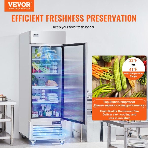 Refrigeration & Ice Equipment | Commercial Refrigerator 19.32 Cu.ft, Reach In 27″ W Upright Refrigerator Single Door, Auto-Defrost Stainless Steel Reach-in Refrigerator & 4 Shelves, 33 to 41℉ Temp Control, LED Light, 4 Wheel Refrigeration & Ice Equipment Refrigeration & Ice Equipment