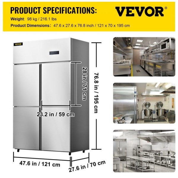 Refrigeration & Ice Equipment | Commercial Refrigerator, 27.5 Cu.Ft Upright Refrigerator, 48″ Side by Side Freezer, Stainless Steel Merchandiser Refrigerators with Dual Temperature Control, Business Food Fridge for Kitchen Restaurant, 4 Door Refrigeration & Ice Equipment Refrigeration & Ice Equipment