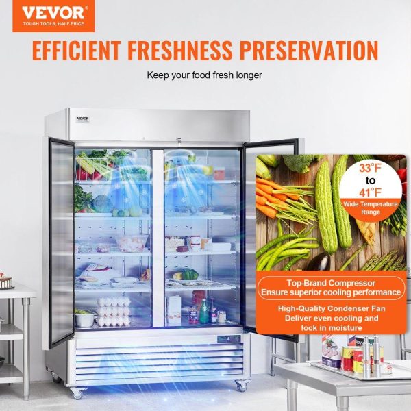 Refrigeration & Ice Equipment | Commercial Refrigerator 44.21 Cu.ft, Reach In 54.4″ W Upright Refrigerator 2 Doors, Auto-Defrost Stainless Steel Reach-in Refrigerator with 8 Shelves, 33 to 41℉ Temp Control, LED Light, 4 Wheels Refrigeration & Ice Equipment Refrigeration & Ice Equipment