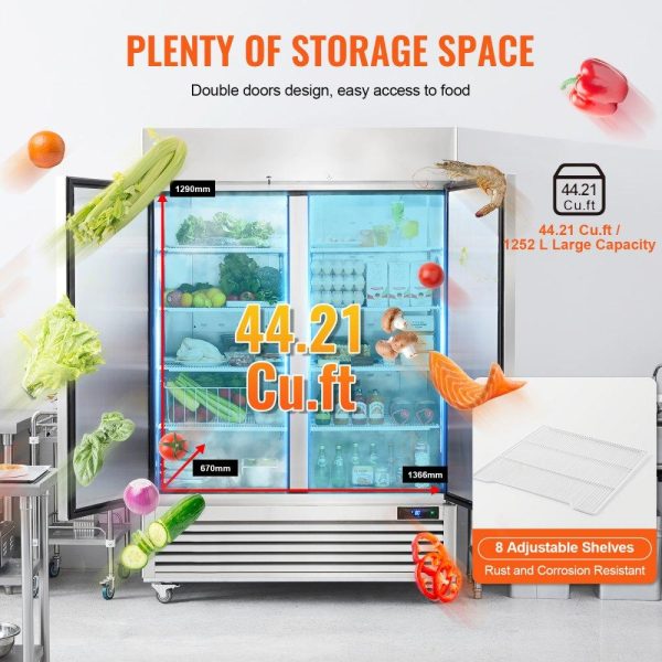 Refrigeration & Ice Equipment | Commercial Refrigerator 44.21 Cu.ft, Reach In 54.4″ W Upright Refrigerator 2 Doors, Auto-Defrost Stainless Steel Reach-in Refrigerator with 8 Shelves, 33 to 41℉ Temp Control, LED Light, 4 Wheels Refrigeration & Ice Equipment Refrigeration & Ice Equipment