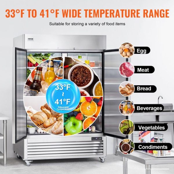 Refrigeration & Ice Equipment | Commercial Refrigerator 44.21 Cu.ft, Reach In 54.4″ W Upright Refrigerator 2 Doors, Auto-Defrost Stainless Steel Reach-in Refrigerator with 8 Shelves, 33 to 41℉ Temp Control, LED Light, 4 Wheels Refrigeration & Ice Equipment Refrigeration & Ice Equipment