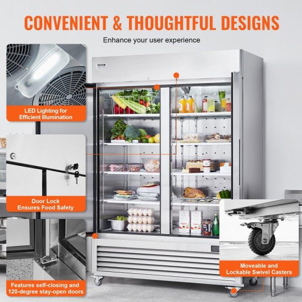 Refrigeration & Ice Equipment | Commercial Refrigerator 44.21 Cu.ft, Reach In 54.4″ W Upright Refrigerator 2 Doors, Auto-Defrost Stainless Steel Reach-in Refrigerator with 8 Shelves, 33 to 41℉ Temp Control, LED Light, 4 Wheels Refrigeration & Ice Equipment Refrigeration & Ice Equipment