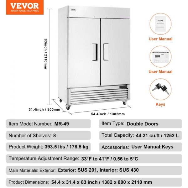 Refrigeration & Ice Equipment | Commercial Refrigerator 44.21 Cu.ft, Reach In 54.4″ W Upright Refrigerator 2 Doors, Auto-Defrost Stainless Steel Reach-in Refrigerator with 8 Shelves, 33 to 41℉ Temp Control, LED Light, 4 Wheels Refrigeration & Ice Equipment Refrigeration & Ice Equipment