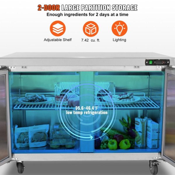 Refrigeration & Ice Equipment | Commercial Refrigerator, 48″ Worktop Undercounter Refrigerator, 12.85 Cu. Ft Thick Stainless Steel Refrigerated Food Prep Station, 2 Door Worktop Fridge with lock for Restaurant, Bar, Diner Refrigeration & Ice Equipment Refrigeration & Ice Equipment