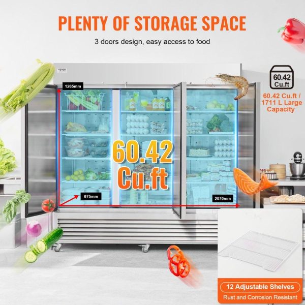 Refrigeration & Ice Equipment | Commercial Refrigerator 60.42 Cu.ft, Reach In 82.5″ W Upright Refrigerator 3 Doors, Auto-Defrost Stainless Steel Reach-in Refrigerator & 12 Shelves, 33 to 41℉ Temp Control, LED Light, 4 Wheels Refrigeration & Ice Equipment Refrigeration & Ice Equipment