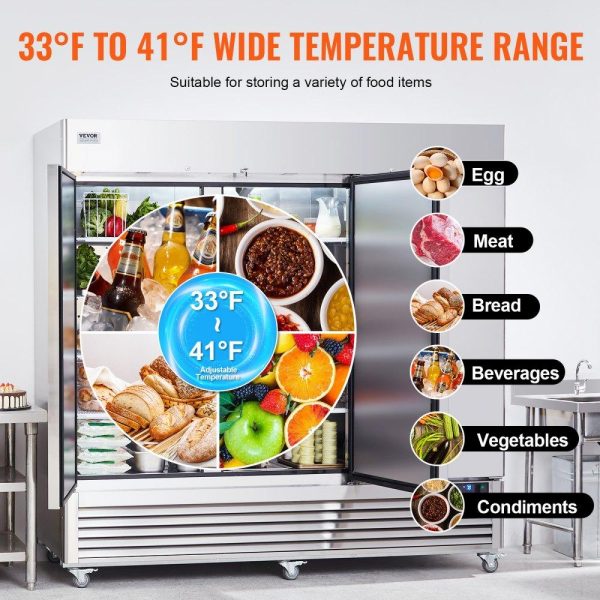 Refrigeration & Ice Equipment | Commercial Refrigerator 60.42 Cu.ft, Reach In 82.5″ W Upright Refrigerator 3 Doors, Auto-Defrost Stainless Steel Reach-in Refrigerator & 12 Shelves, 33 to 41℉ Temp Control, LED Light, 4 Wheels Refrigeration & Ice Equipment Refrigeration & Ice Equipment