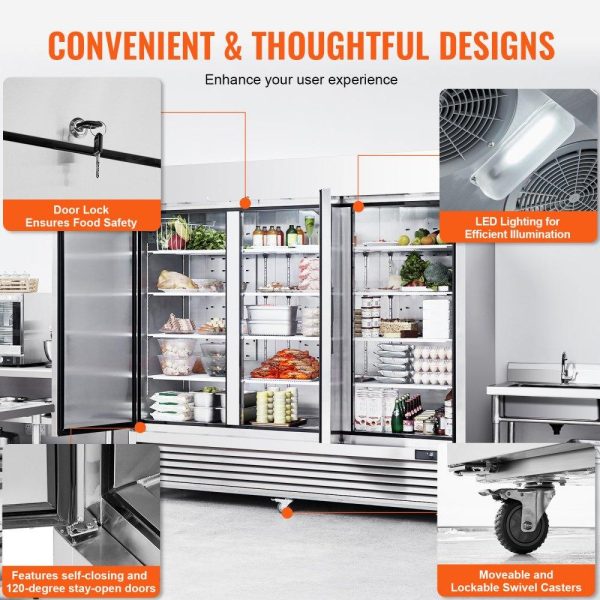 Refrigeration & Ice Equipment | Commercial Refrigerator 60.42 Cu.ft, Reach In 82.5″ W Upright Refrigerator 3 Doors, Auto-Defrost Stainless Steel Reach-in Refrigerator & 12 Shelves, 33 to 41℉ Temp Control, LED Light, 4 Wheels Refrigeration & Ice Equipment Refrigeration & Ice Equipment