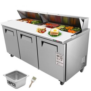 Refrigeration & Ice Equipment | Commercial Refrigerator, 72″ Sandwich & Salad Prep Table, 17.73 Cu. Ft Stainless Steel Refrigerated Food Prep Station with 18 Pans, Cut Board, 3 Door Worktop Fridge with lock for Restaurant Refrigeration & Ice Equipment Refrigeration & Ice Equipment