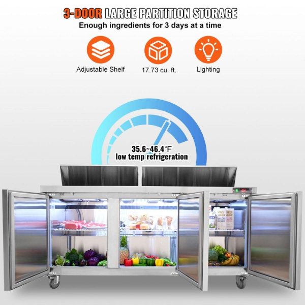 Refrigeration & Ice Equipment | Commercial Refrigerator, 72″ Sandwich & Salad Prep Table, 17.73 Cu. Ft Stainless Steel Refrigerated Food Prep Station with 18 Pans, Cut Board, 3 Door Worktop Fridge with lock for Restaurant Refrigeration & Ice Equipment Refrigeration & Ice Equipment