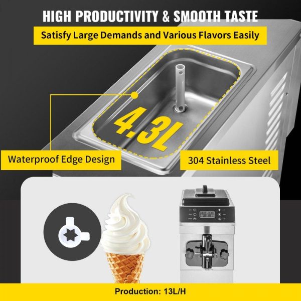 Refrigeration & Ice Equipment | Commercial Soft Ice Cream Machine, 13L/H (3.4Gal/H) Ice Cream Machine, Single-Flavor Gelato Machine Commercial w/Pre-Cooling, 1200W Countertop Yogurt Maker Machine w/LED Intelligent Panel Refrigeration & Ice Equipment Refrigeration & Ice Equipment