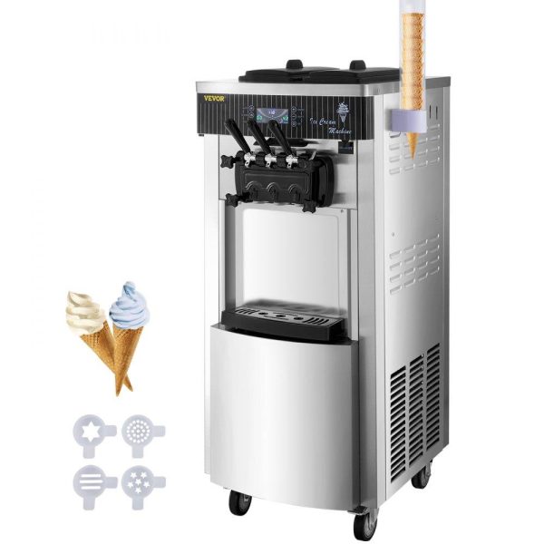 Refrigeration & Ice Equipment | Commercial Soft Ice Cream Machine, 2200W Serve Yogurt Maker, 3 Flavors Ice Cream Maker, 5.3 to 7.4 Gallons per Hour Auto Clean LCD Panel for Restaurants Snack Bars, Stainless Steel Refrigeration & Ice Equipment Refrigeration & Ice Equipment