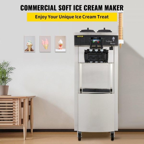 Refrigeration & Ice Equipment | Commercial Soft Ice Cream Machine, 2200W Serve Yogurt Maker, 3 Flavors Ice Cream Maker, 5.3 to 7.4 Gallons per Hour Auto Clean LCD Panel for Restaurants Snack Bars, Stainless Steel Refrigeration & Ice Equipment Refrigeration & Ice Equipment