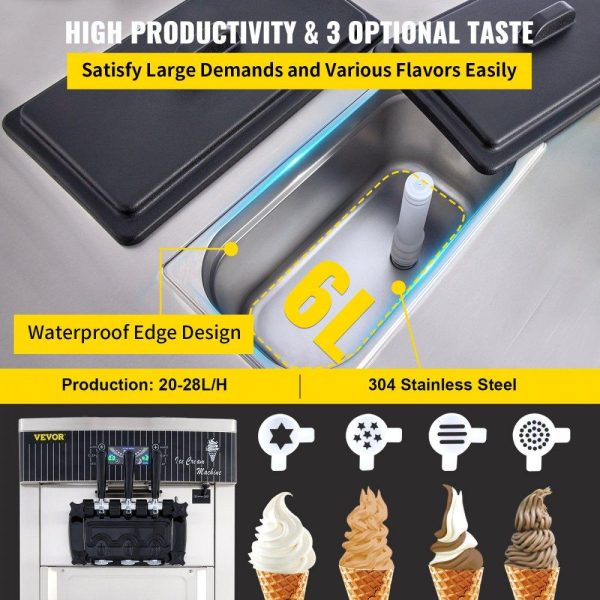 Refrigeration & Ice Equipment | Commercial Soft Ice Cream Machine, 2200W Serve Yogurt Maker, 3 Flavors Ice Cream Maker, 5.3 to 7.4 Gallons per Hour Auto Clean LCD Panel for Restaurants Snack Bars, Stainless Steel Refrigeration & Ice Equipment Refrigeration & Ice Equipment