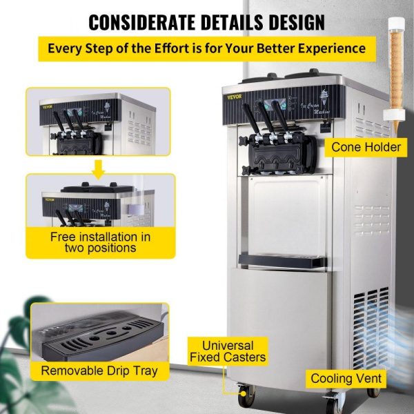 Refrigeration & Ice Equipment | Commercial Soft Ice Cream Machine, 2200W Serve Yogurt Maker, 3 Flavors Ice Cream Maker, 5.3 to 7.4 Gallons per Hour Auto Clean LCD Panel for Restaurants Snack Bars, Stainless Steel Refrigeration & Ice Equipment Refrigeration & Ice Equipment