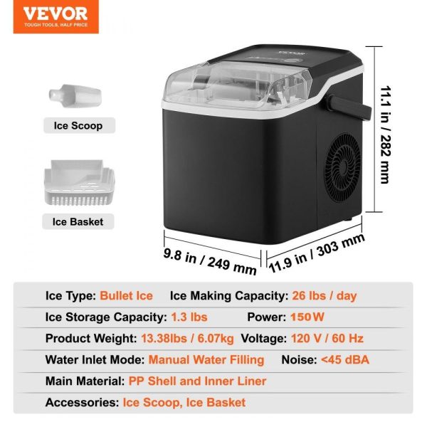 Refrigeration & Ice Equipment | Countertop Ice Maker, 9 Cubes Ready in 7 Mins, 26lbs in 24Hrs, Self-Cleaning Portable Ice Maker with Ice Scoop and Basket, Ice Machine with 2 Sizes Bullet Ice for Home Kitchen Office Bar Party Refrigeration & Ice Equipment Refrigeration & Ice Equipment