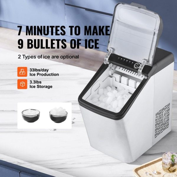 Refrigeration & Ice Equipment | Countertop Ice Maker, 9 Cubes Ready in 7 Mins, 33lbs in 24Hrs, Self-Cleaning Portable Ice Maker with Ice Scoop and Basket, 2 Ways Water Refill Ice Machine with 2 Size Bullet Ice for Kitchen Bar Refrigeration & Ice Equipment Refrigeration & Ice Equipment