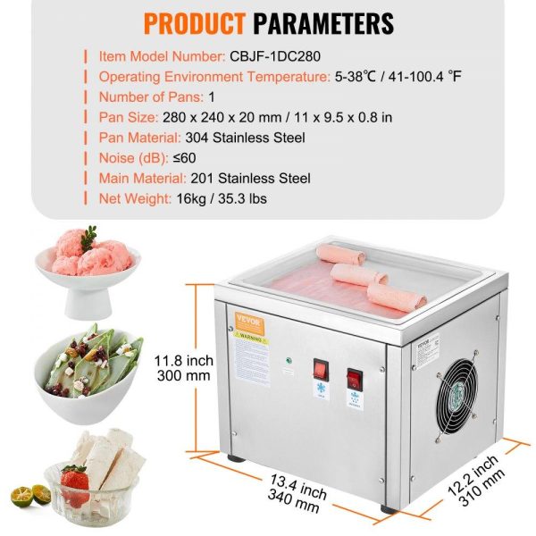 Refrigeration & Ice Equipment | Fried Ice Cream Roll Machine, 11″ x 9.5″ Stir-Fried Ice Cream Pan, Stainless Steel Rolled Ice Cream Maker with Compressor and 2 Scrapers, for Making Ice Cream, Frozen Yogurt, Ice Cream Rolls Refrigeration & Ice Equipment Refrigeration & Ice Equipment