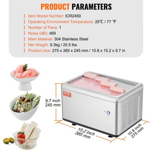 Refrigeration & Ice Equipment | Fried Ice Cream Roll Machine, 19.3″ x 14.9″ Stir-Fried Ice Cream Pan, Stainless Steel Rolled Ice Cream Maker with Compressor and 2 Scrapers, for Making Ice Cream, Frozen Yogurt, Ice Cream Rolls Refrigeration & Ice Equipment Refrigeration & Ice Equipment