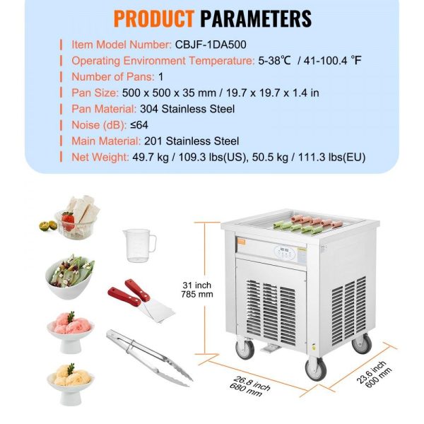 Refrigeration & Ice Equipment | Fried Ice Cream Roll Machine, 19.7″ x 19.7″ Square Stir-Fried Ice Cream Pan, Stainless Steel Commercial Rolled Ice Cream Maker with Compressor and 2 Scrapers, for Making Ice Cream, Frozen Yogurt Refrigeration & Ice Equipment Refrigeration & Ice Equipment