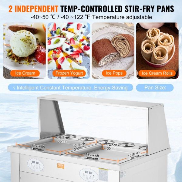 Refrigeration & Ice Equipment | Fried Ice Cream Roll Machine, 2Pcs 13.8″ x 13.8″ Square Stir-Fried Ice Cream Pans, Stainless Steel Commercial Rolled Ice Cream Maker with Compressor and 4 Scrapers, for Ice Cream, Frozen Yogurt Refrigeration & Ice Equipment Refrigeration & Ice Equipment