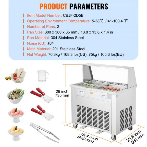 Refrigeration & Ice Equipment | Fried Ice Cream Roll Machine, 2Pcs 13.8″ x 13.8″ Square Stir-Fried Ice Cream Pans, Stainless Steel Commercial Rolled Ice Cream Maker with Compressor and 4 Scrapers, for Ice Cream, Frozen Yogurt Refrigeration & Ice Equipment Refrigeration & Ice Equipment