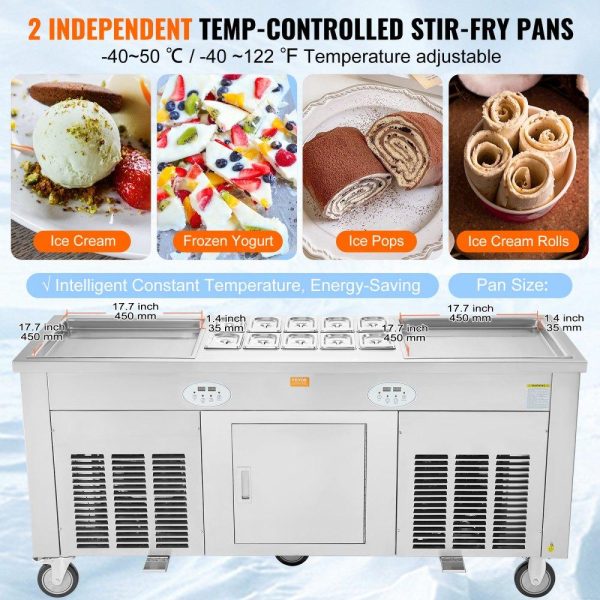 Refrigeration & Ice Equipment | Fried Ice Cream Roll Machine, 2Pcs 17.7″ x 17.7″ Square Stir-Fried Ice Cream Pans, Stainless Steel Commercial Rolled Ice Cream Maker with Compressor and 4 Scrapers, for Ice Cream, Frozen Yogurt Refrigeration & Ice Equipment Refrigeration & Ice Equipment