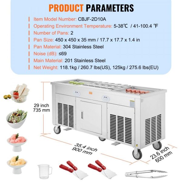 Refrigeration & Ice Equipment | Fried Ice Cream Roll Machine, 2Pcs 17.7″ x 17.7″ Square Stir-Fried Ice Cream Pans, Stainless Steel Commercial Rolled Ice Cream Maker with Compressor and 4 Scrapers, for Ice Cream, Frozen Yogurt Refrigeration & Ice Equipment Refrigeration & Ice Equipment