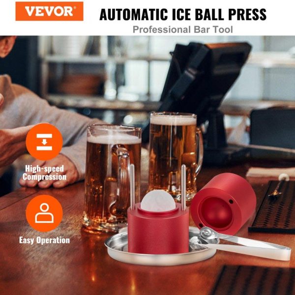 Refrigeration & Ice Equipment | Ice Ball Press, 2.4″ Ice Ball Maker, Aircraft Al Alloy Ice Ball Press Kit for 60mm Ice Sphere, Ice Press with Tong and Drip Tray, for Whiskey, Cocktail, Bourbon, Scot on Party & Holiday, Red Red Refrigeration & Ice Equipment Red