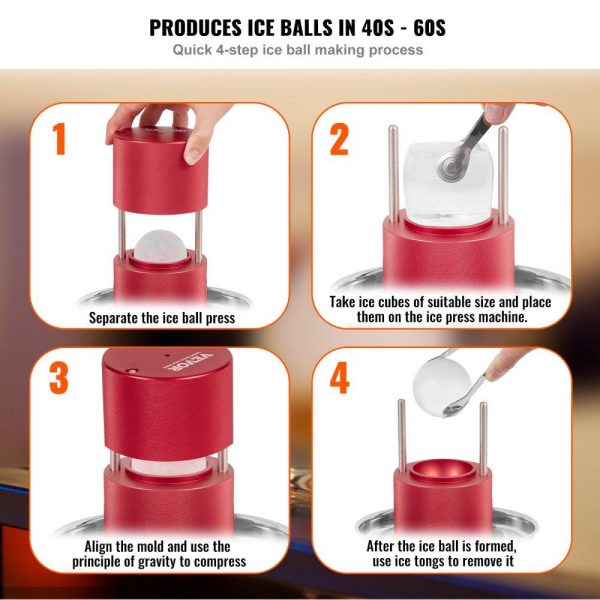 Refrigeration & Ice Equipment | Ice Ball Press, 2.4″ Ice Ball Maker, Aircraft Al Alloy Ice Ball Press Kit for 60mm Ice Sphere, Ice Press with Tong and Drip Tray, for Whiskey, Cocktail, Bourbon, Scot on Party & Holiday, Red Red Refrigeration & Ice Equipment Red