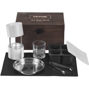 Refrigeration & Ice Equipment | Ice Ball Press Kit, Aircraft Al Alloy Ice Press with Ice Block Mold, Large Mat, Tong, Drip Tray, One Glass, Round Ice Ball Maker 2.4″/60 mm Ice Sphere, for Whiskey, Cocktail on Party & Holiday Silver Refrigeration & Ice Equipment Refrigeration & Ice Equipment