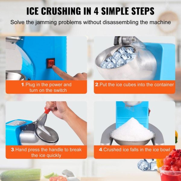 Refrigeration & Ice Equipment | Ice Crushers Machine, 220lbs Per Hour Electric Snow Cone Maker with 4 Blades, Stainless Steel Shaved Ice Machine with Cover and Bowl, 300W Ice Shaver Machine for Home and Commercial Use, Blue Blue Refrigeration & Ice Equipment Blue