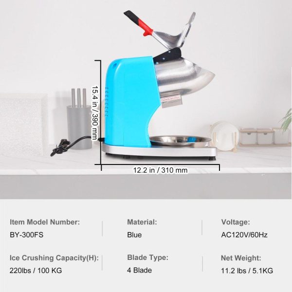 Refrigeration & Ice Equipment | Ice Crushers Machine, 220lbs Per Hour Electric Snow Cone Maker with 4 Blades, Stainless Steel Shaved Ice Machine with Cover and Bowl, 300W Ice Shaver Machine for Home and Commercial Use, Blue Blue Refrigeration & Ice Equipment Blue