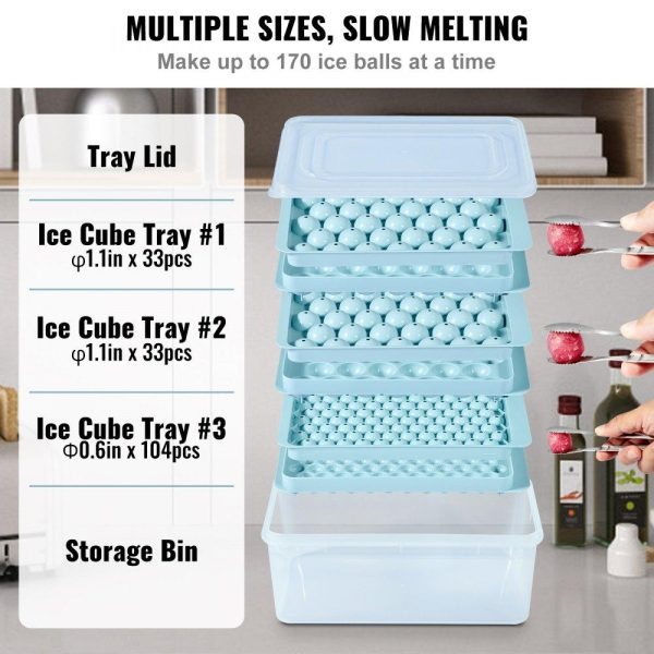 Refrigeration & Ice Equipment | Ice Cube Tray, Round Ice Ball Maker for Freezer, 2x33pcs & 1x104pcs Ice Balls, Sphere Ice Cube Making 170pcs Small Ice Chilling Cocktail Whiskey Tea Coffee, 3Pack Ice trays & Ice Bin & Scoop Blue Refrigeration & Ice Equipment Blue