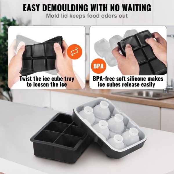 Refrigeration & Ice Equipment | Ice Cube Trays (Set of 2), 2-in-1 Combo with Silicone Sphere Ice Ball Maker & Large Square Ice Cube Maker with Lid, Reusable Easy Release BPA Free Ice Tray Set for Whiskey Cocktails Bourbon Black Refrigeration & Ice Equipment Black