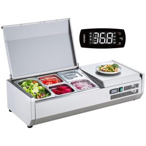 Refrigeration & Ice Equipment | Refrigerated Condiment Prep Station, 130 W Countertop Refrigerated Condiment Station, with 1 1/3 Pan & 4 1/6 Pans, 304 Stainless Body and PC Lid, Sandwich Prep Table with Stainless Guard, ETL Refrigeration & Ice Equipment Refrigeration & Ice Equipment