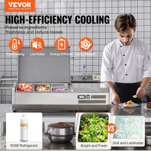 Refrigeration & Ice Equipment | Refrigerated Condiment Prep Station, 130 W Countertop Refrigerated Condiment Station, with 1 1/3 Pan & 4 1/6 Pans, 304 Stainless Body and PC Lid, Sandwich Prep Table with Stainless Guard, ETL Refrigeration & Ice Equipment Refrigeration & Ice Equipment