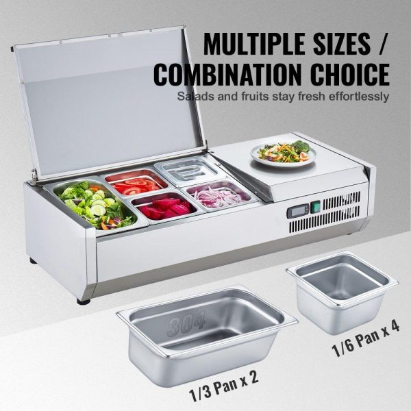 Refrigeration & Ice Equipment | Refrigerated Condiment Prep Station, 130 W Countertop Refrigerated Condiment Station, with 1 1/3 Pan & 4 1/6 Pans, 304 Stainless Body and PC Lid, Sandwich Prep Table with Stainless Guard, ETL Refrigeration & Ice Equipment Refrigeration & Ice Equipment