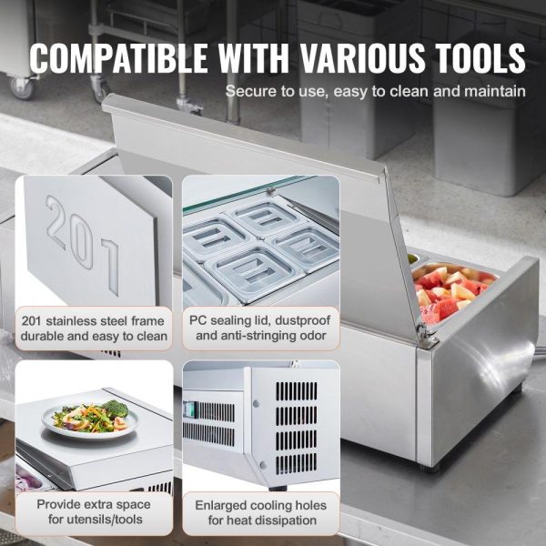 Refrigeration & Ice Equipment | Refrigerated Condiment Prep Station, 130 W Countertop Refrigerated Condiment Station, with 1 1/3 Pan & 4 1/6 Pans, 304 Stainless Body and PC Lid, Sandwich Prep Table with Stainless Guard, ETL Refrigeration & Ice Equipment Refrigeration & Ice Equipment