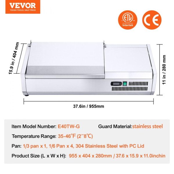 Refrigeration & Ice Equipment | Refrigerated Condiment Prep Station, 130 W Countertop Refrigerated Condiment Station, with 1 1/3 Pan & 4 1/6 Pans, 304 Stainless Body and PC Lid, Sandwich Prep Table with Stainless Guard, ETL Refrigeration & Ice Equipment Refrigeration & Ice Equipment