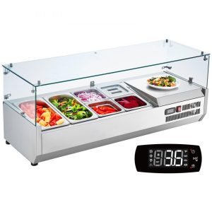 Refrigeration & Ice Equipment | Refrigerated Condiment Prep Station, 135 W Countertop Refrigerated Condiment Station, with 2 1/3 Pans & 4 1/6 Pans, 304 Stainless Body and PC Lid, Sandwich Prep Table with Glass Guard, ETL Refrigeration & Ice Equipment Refrigeration & Ice Equipment