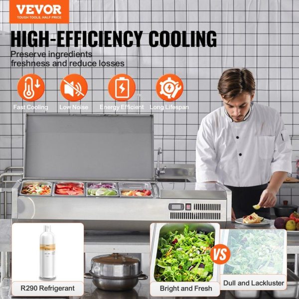 Refrigeration & Ice Equipment | Refrigerated Condiment Prep Station, 135 W Countertop Refrigerated Condiment Station, with 2 1/3 Pans & 4 1/6 Pans, 304 Stainless Body and PC Lid, Sandwich Prep Table with Stainless Guard, ETL Refrigeration & Ice Equipment Refrigeration & Ice Equipment