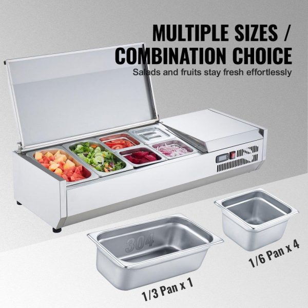 Refrigeration & Ice Equipment | Refrigerated Condiment Prep Station, 135 W Countertop Refrigerated Condiment Station, with 2 1/3 Pans & 4 1/6 Pans, 304 Stainless Body and PC Lid, Sandwich Prep Table with Stainless Guard, ETL Refrigeration & Ice Equipment Refrigeration & Ice Equipment