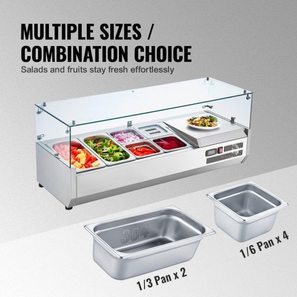 Refrigeration & Ice Equipment | Refrigerated Condiment Prep Station, 135 W Countertop Refrigerated Condiment Station, with 2 1/3 Pans & 4 1/6 Pans, 304 Stainless Body and PC Lid, Sandwich Prep Table with Glass Guard, ETL Refrigeration & Ice Equipment Refrigeration & Ice Equipment