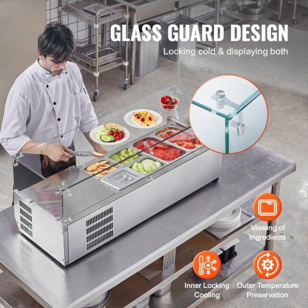 Refrigeration & Ice Equipment | Refrigerated Condiment Prep Station, 135 W Countertop Refrigerated Condiment Station, with 2 1/3 Pans & 4 1/6 Pans, 304 Stainless Body and PC Lid, Sandwich Prep Table with Glass Guard, ETL Refrigeration & Ice Equipment Refrigeration & Ice Equipment