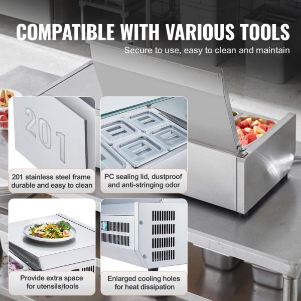 Refrigeration & Ice Equipment | Refrigerated Condiment Prep Station, 135 W Countertop Refrigerated Condiment Station, with 2 1/3 Pans & 4 1/6 Pans, 304 Stainless Body and PC Lid, Sandwich Prep Table with Stainless Guard, ETL Refrigeration & Ice Equipment Refrigeration & Ice Equipment