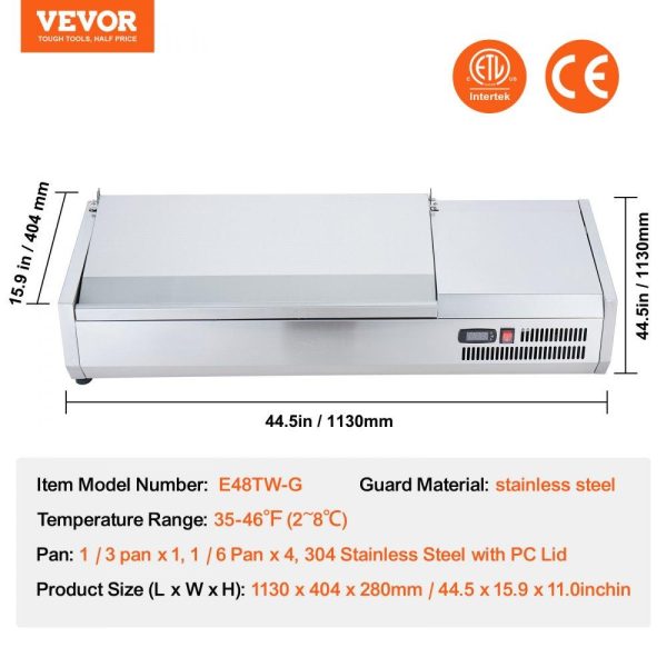 Refrigeration & Ice Equipment | Refrigerated Condiment Prep Station, 135 W Countertop Refrigerated Condiment Station, with 2 1/3 Pans & 4 1/6 Pans, 304 Stainless Body and PC Lid, Sandwich Prep Table with Stainless Guard, ETL Refrigeration & Ice Equipment Refrigeration & Ice Equipment