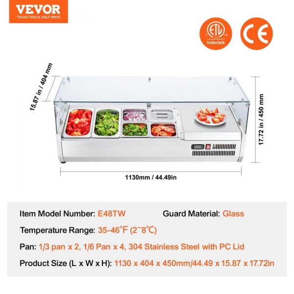 Refrigeration & Ice Equipment | Refrigerated Condiment Prep Station, 135 W Countertop Refrigerated Condiment Station, with 2 1/3 Pans & 4 1/6 Pans, 304 Stainless Body and PC Lid, Sandwich Prep Table with Glass Guard, ETL Refrigeration & Ice Equipment Refrigeration & Ice Equipment